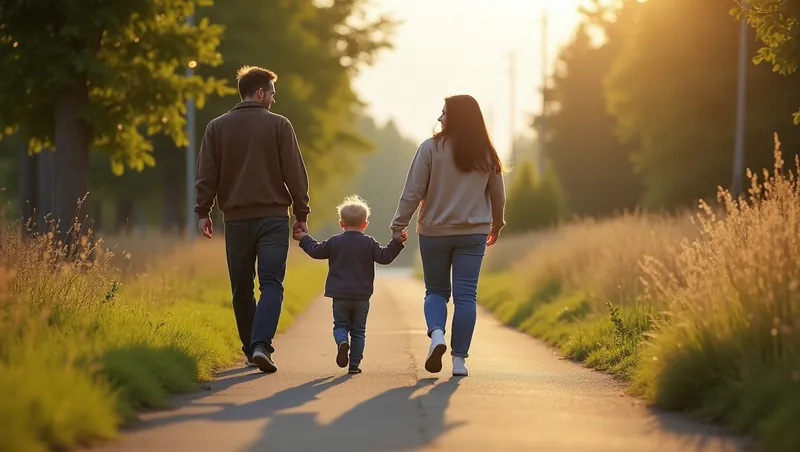 Ouders lopen met hun peuter tussen zich in over een fietspad
