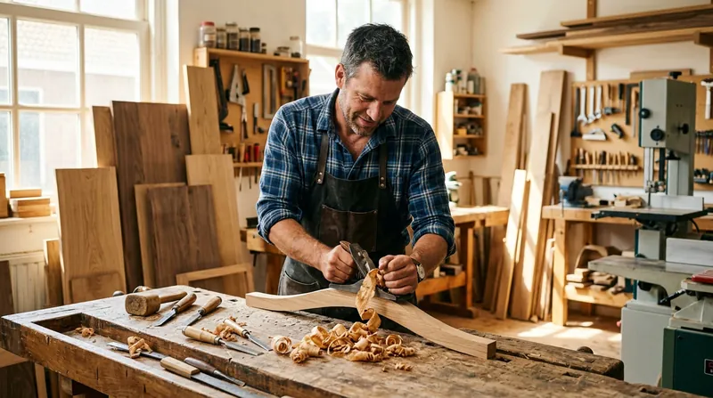 Timmerman schaaft een stuk hout in zijn werkplaats