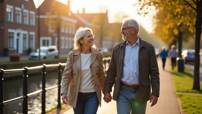 Ouder echtpaar wandelt hand in hand langs een gracht