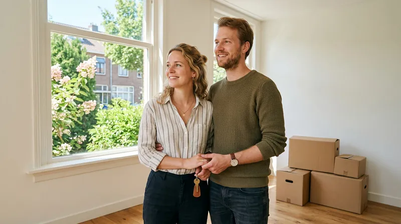 Jong stel met de sleutel in de lege kamer van hun nieuwe huis