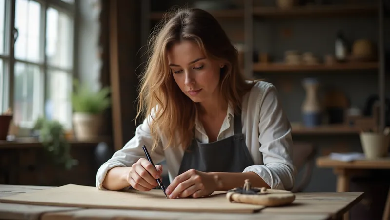Vrouw tekent aan haar werktafel in haar atelier