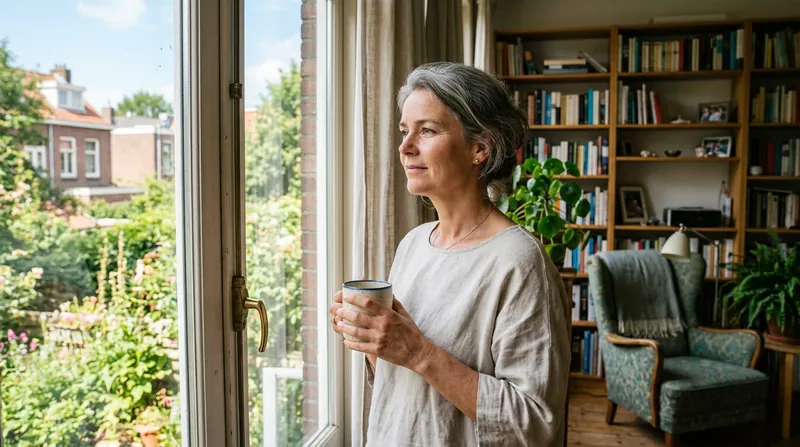 Vrouw kijkt met een mok in haar handen naar buiten