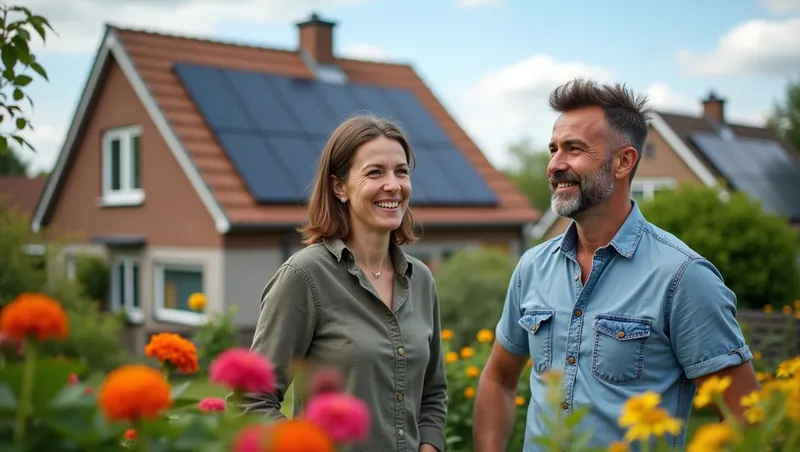 Stel in de tuin voor hun huis met zonnepanelen