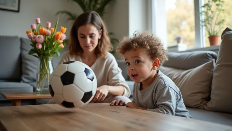 Moeder en kind kijken verrast naar een voetbal die net een vaas omstoot