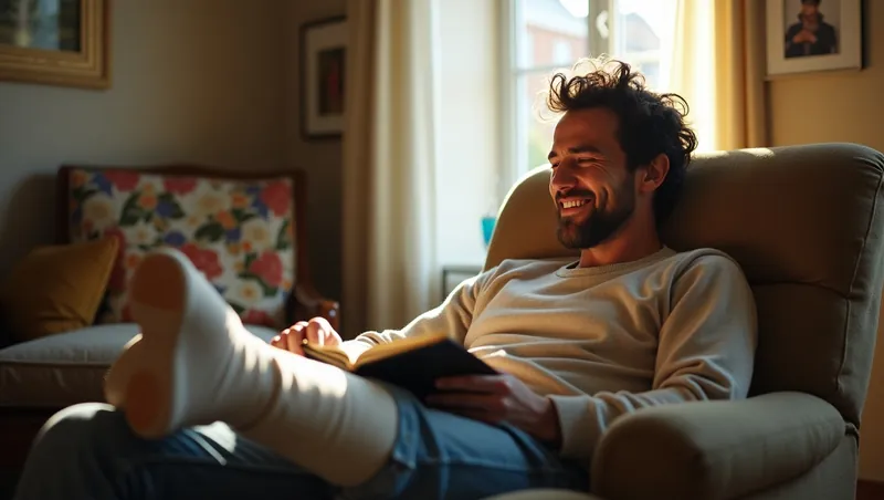 Man met zijn been in het gips leest ontspannen in een fauteuil