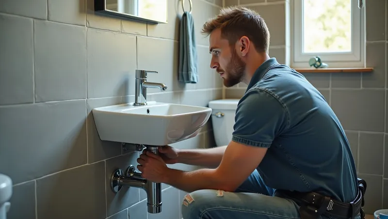 Loodgieter repareert de afvoer onder een wastafel in een badkamer