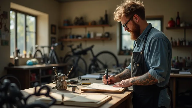 Fietsenmaker noteert voorraad aan de werkbank in zijn werkplaats