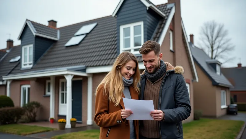 Jong stel bekijkt samen een brief voor hun nieuwe huis op een grijze winterdag