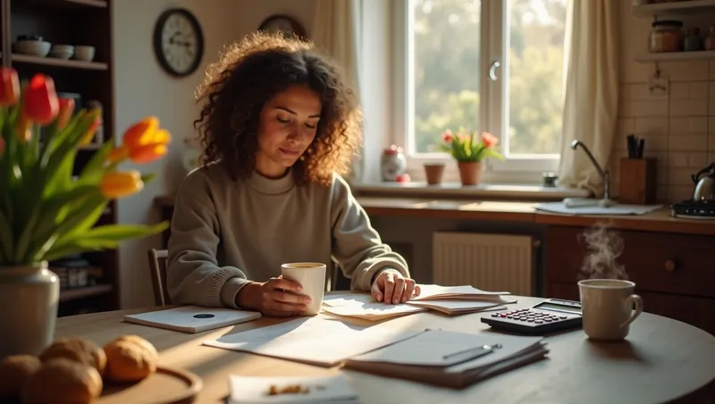 Zelfstandige ondernemer werkt haar administratie bij aan de keukentafel