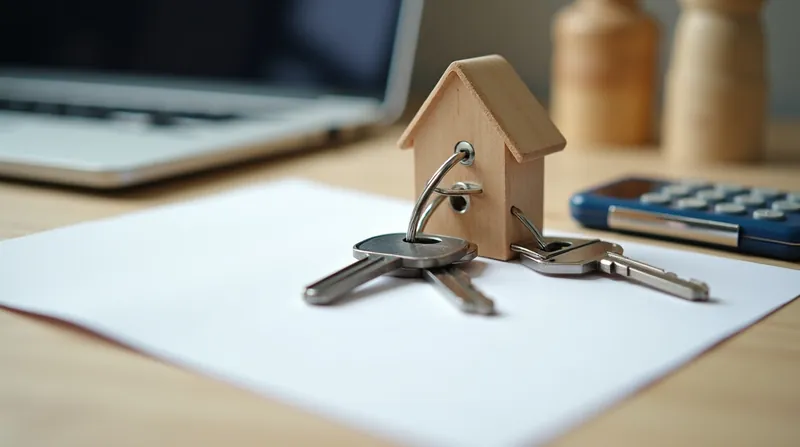 Huissleutels aan een houten huisje op een vel papier naast een rekenmachine