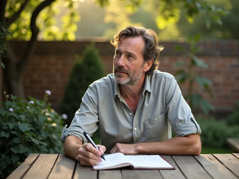 Man van middelbare leeftijd maakt aantekeningen aan een tuintafel