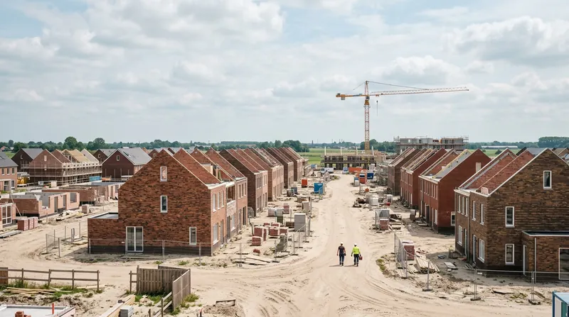 Nieuwbouwwijk met rijtjeshuizen in aanbouw en een bouwkraan