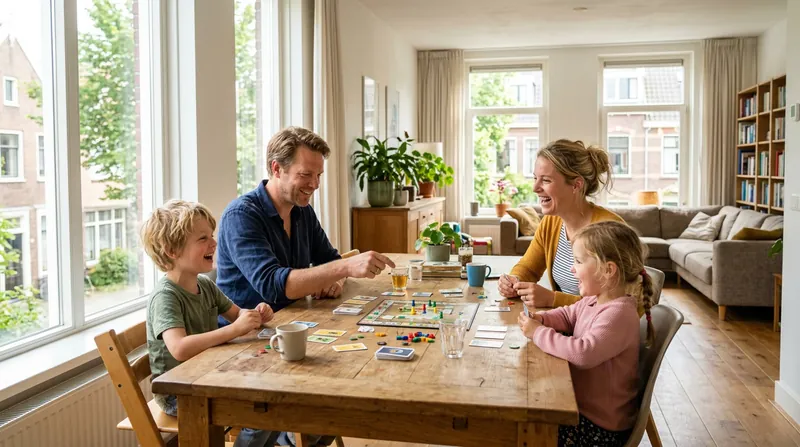 Gezin speelt samen een bordspel aan de eettafel