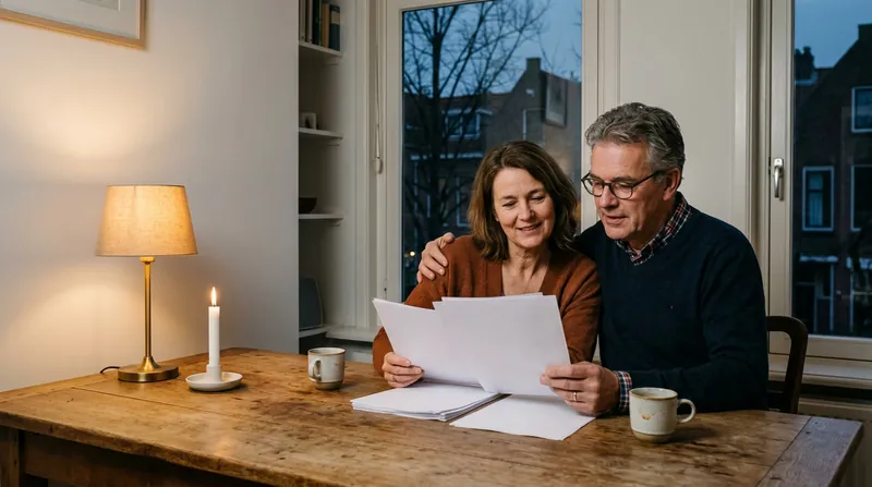 Echtpaar van middelbare leeftijd leest samen papieren aan de eettafel bij lamplicht