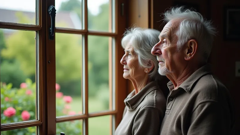 Ouder echtpaar kijkt samen peinzend uit het raam naar de tuin