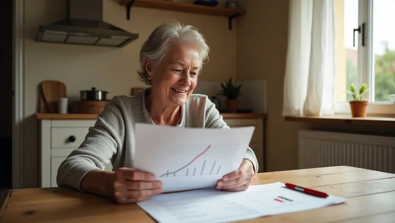 Oudere vrouw bekijkt glimlachend een grafiek aan de keukentafel