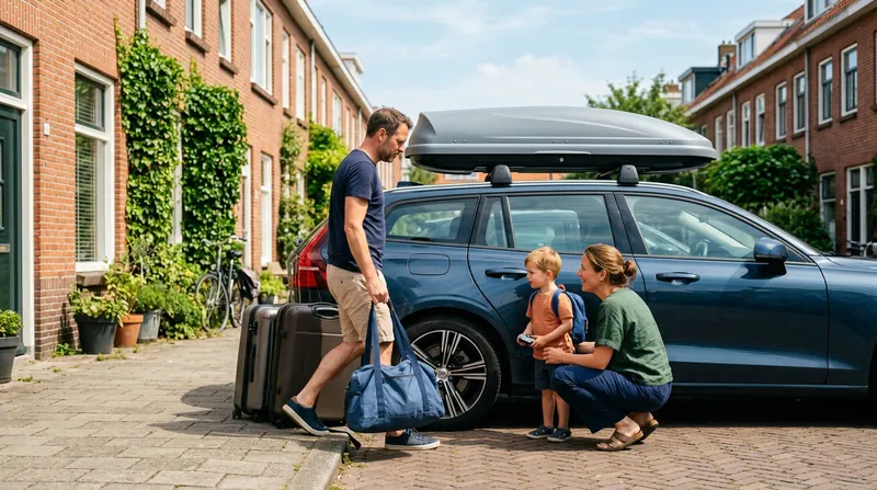 Gezin laadt de auto in voor de zomervakantie, met een dakkoffer op het dak