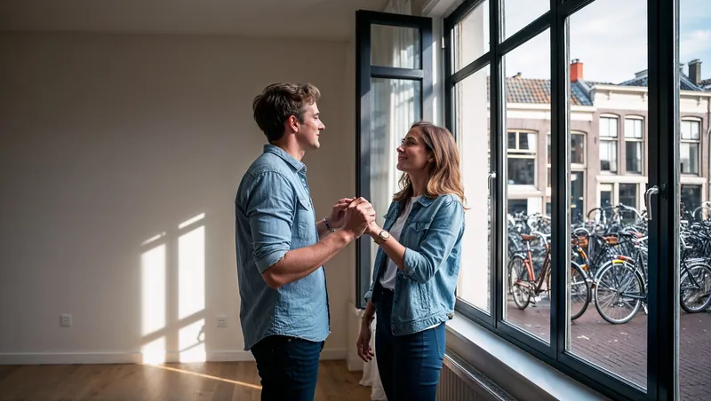 Stel houdt elkaars handen vast in hun lege nieuwe huis aan de gracht