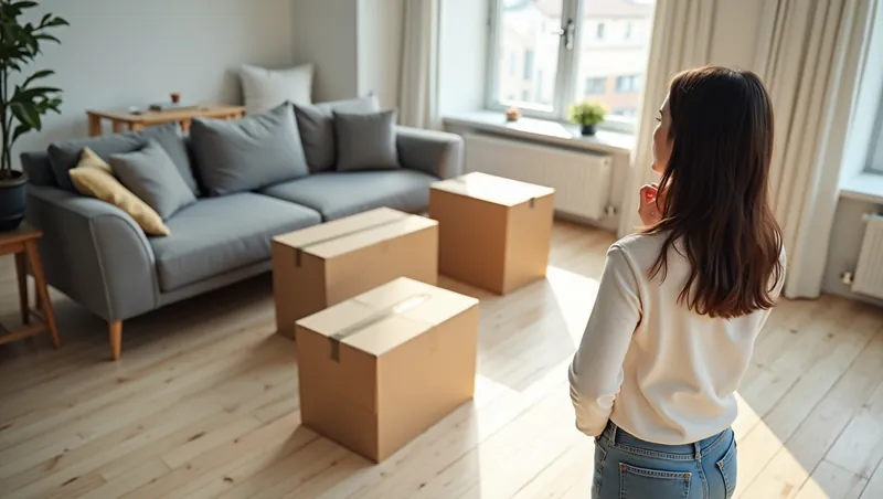 Vrouw staat peinzend in een woonkamer tussen ingepakte verhuisdozen
