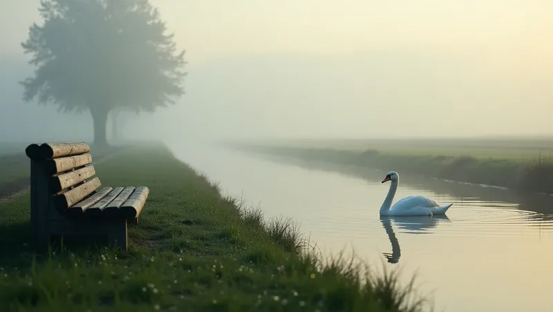Leeg houten bankje aan het water in de ochtendmist, met een zwaan