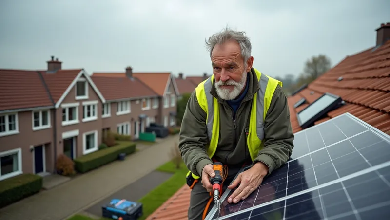 Monteur schroeft zonnepanelen vast op het dak van een rijtjeshuis