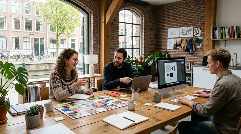 Klein team overlegt aan een grote houten tafel in een kantoor aan de gracht