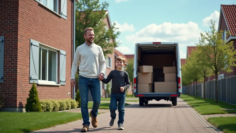 Vader en zoon lopen weg van een volgeladen verhuisbus in een nieuwbouwwijk