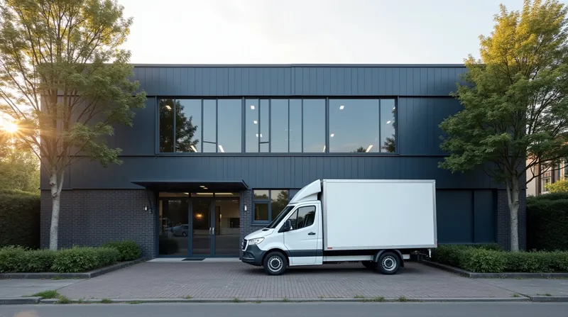 Witte bakwagen geparkeerd voor een modern bedrijfspand