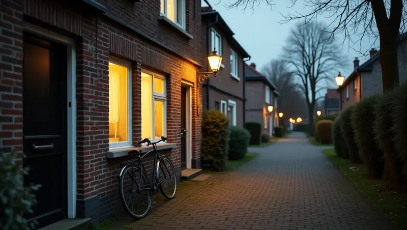 Rijtjeshuis met warm verlichte ramen en een fiets voor de deur in de schemering